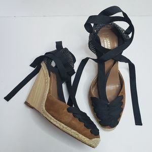 Aquazzura Malibu Suede Grosgrain Ribbon Espadrille Wood Wedge Sandals 36.5
